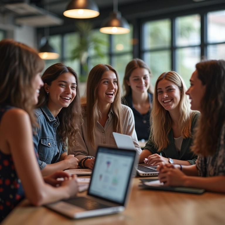 Grupo de mulheres discutindo destinos de intercâmbio em espaço de coworking.