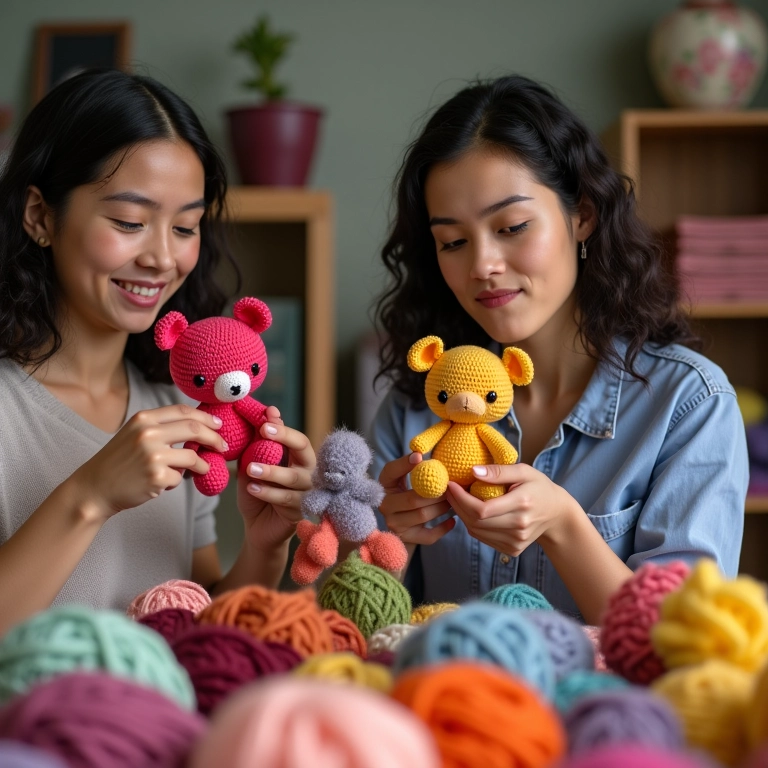 Grupo de mulheres diversas fazendo amigurumis coloridos com diferentes tipos de fios.