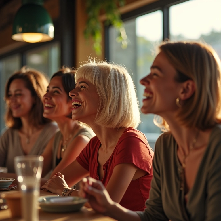 Grupo de mulheres felizes com diferentes cortes short bob em café.