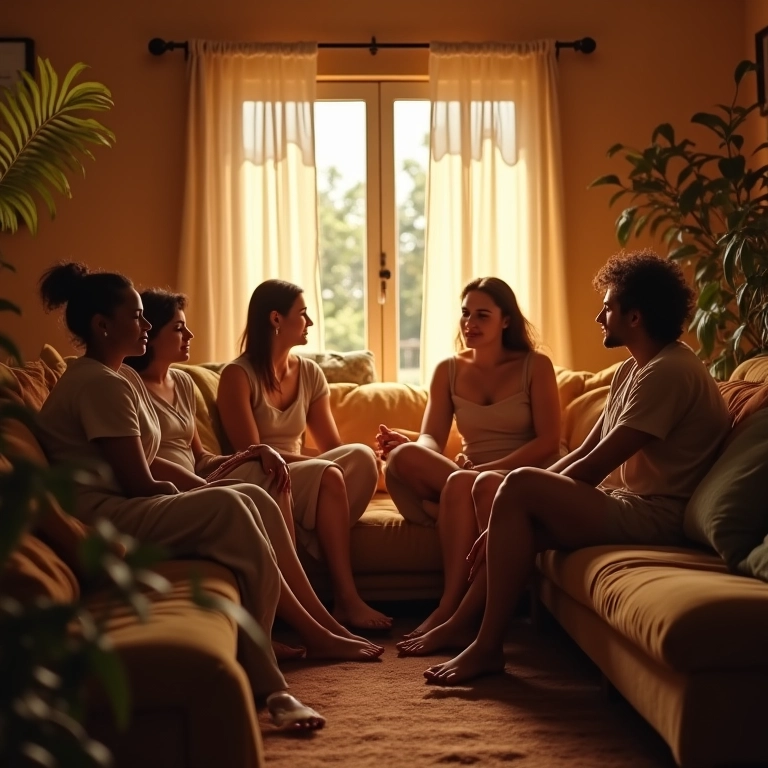 Grupo de pessoas diversas reunidas em sala iluminada, analisando mapas astrais e conversando sobre autoconhecimento.
