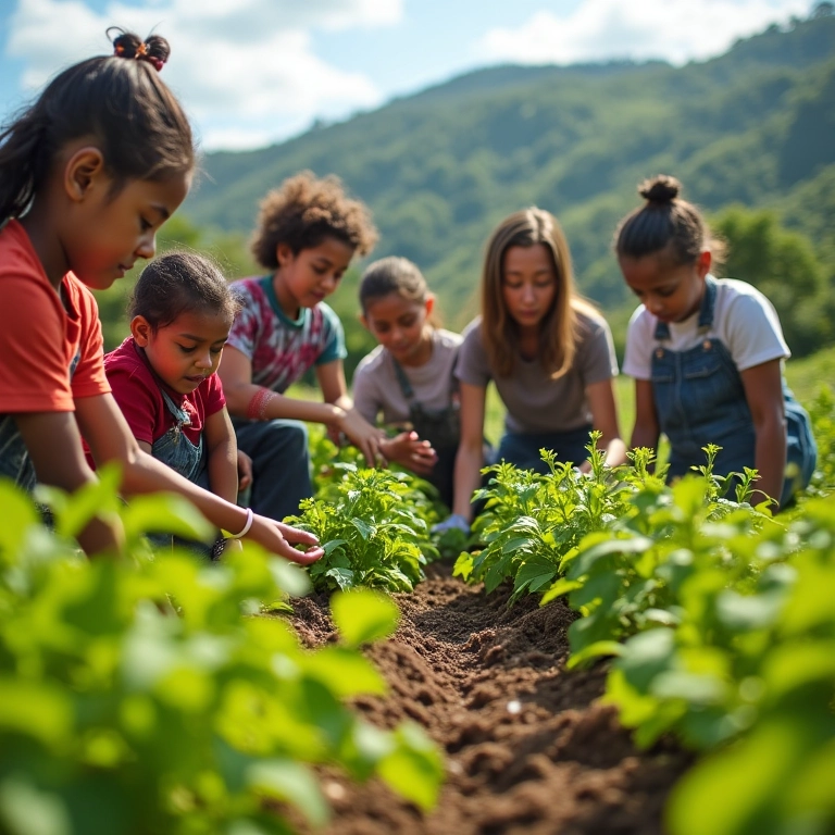 Grupo de voluntários trabalhando em uma horta comunitária, ajudando o próximo.