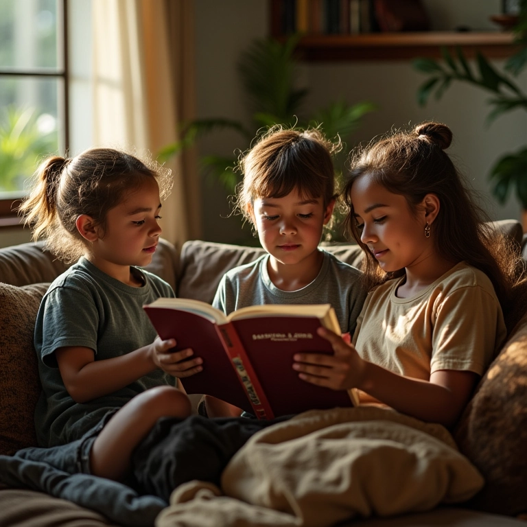 Grupo diversificado lendo 'A Revolução dos Bichos' em sala brasileira aconchegante.