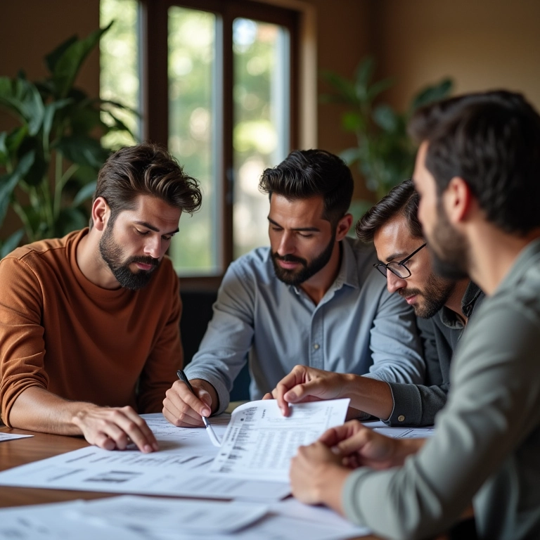 Grupo diversificado planejando as finanças em uma mesa.