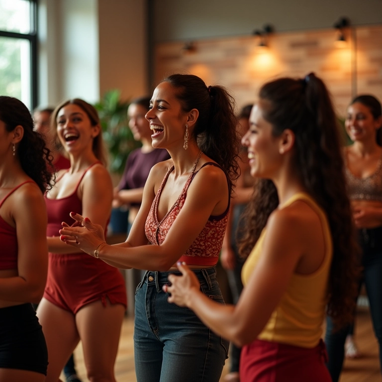 Grupo diverso dançando samba em aula.