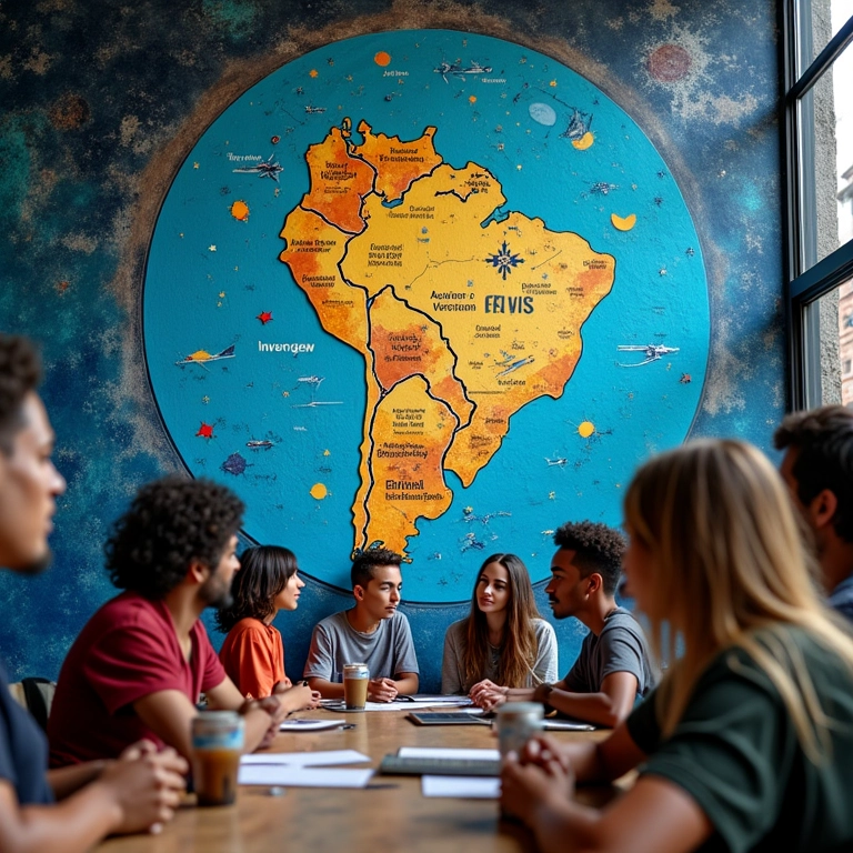 Grupo diverso de amigos brainstorming sob um mural brasileiro vibrante com constelações, simbolizando a inovação de Aquário.