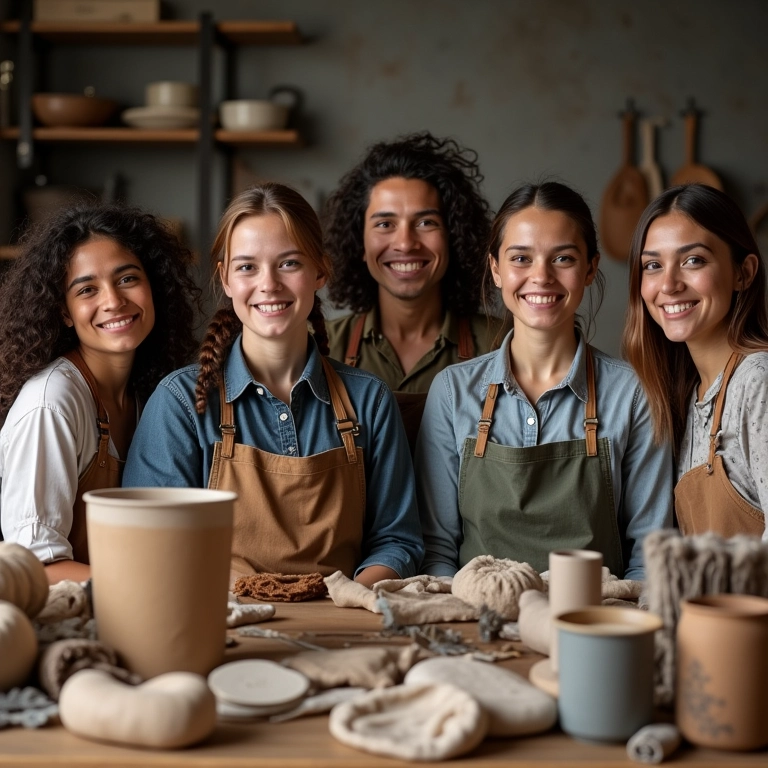 Grupo diverso de artesãos sorrindo em estúdio iluminado, cercados por suas criações.