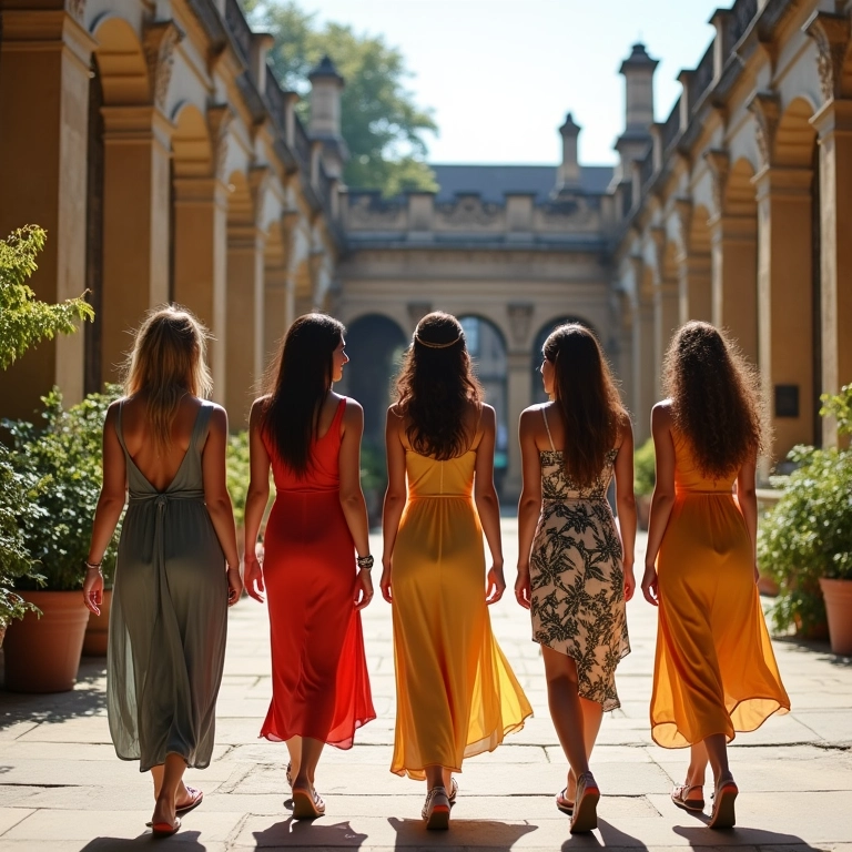 Grupo diverso de brasileiras caminhando pelas Termas Romanas em Bath.
