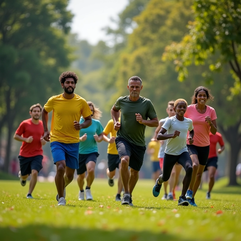 Grupo diverso de brasileiros se exercitando em um parque ensolarado.