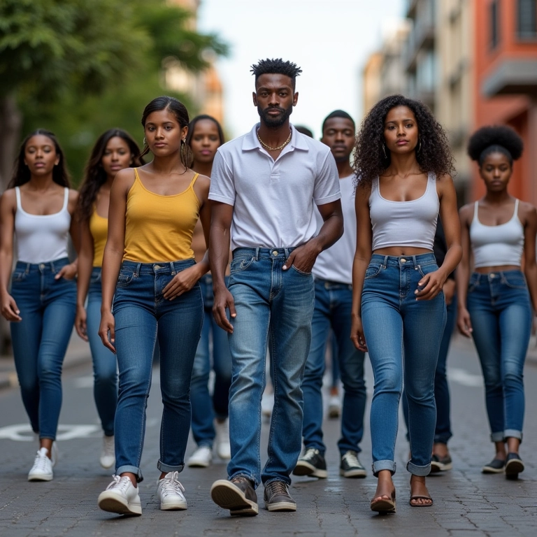Grupo diverso de brasileiros vestindo jeans em vários estilos em cenário urbano vibrante.