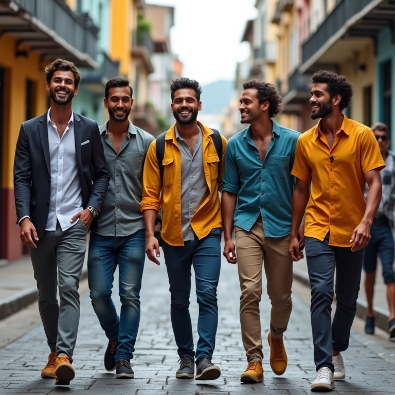 Grupo diverso de homens brasileiros estilosos desfilando moda masculina em rua vibrante do Rio de Janeiro.