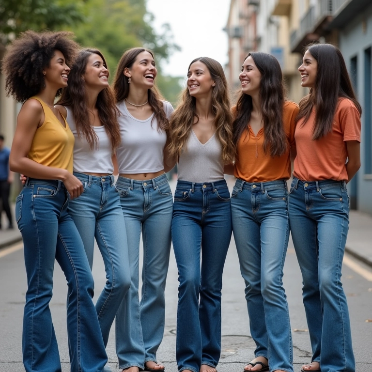 Grupo diverso de jovens adultos rindo e usando diferentes modelos de calça jeans em rua urbana brasileira.
