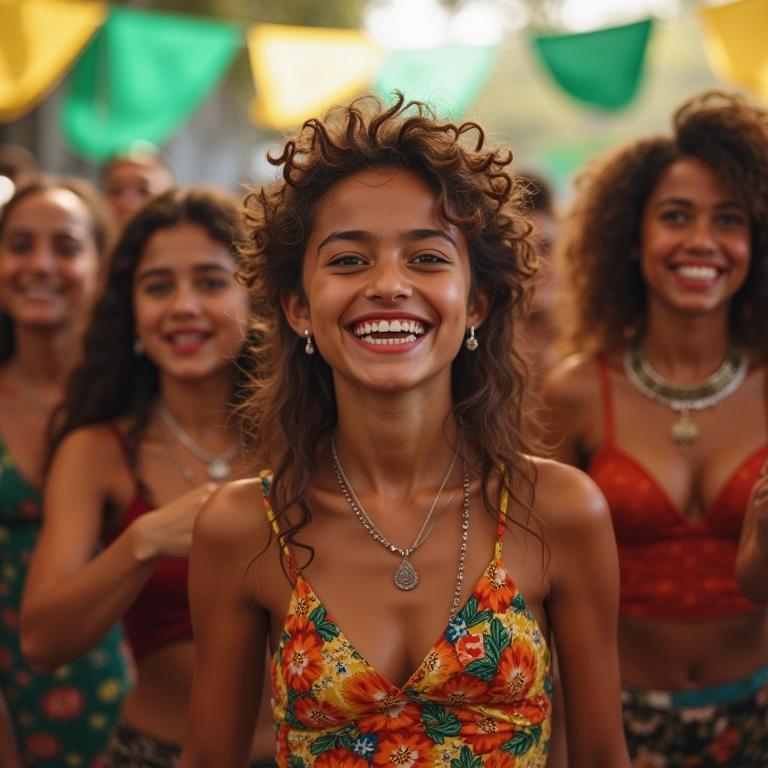Grupo diverso de jovens brasileiros dos anos 70 dançando em festival de música da Tropicália.
