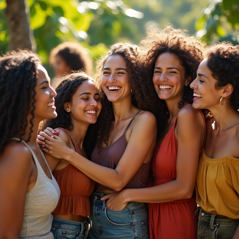 Grupo diverso de mulheres brasileiras celebrando a união e força em jardim ensolarado.