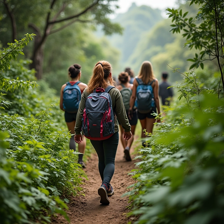 Grupo diverso de mulheres caminhando em trilha verdejante no Brasil.