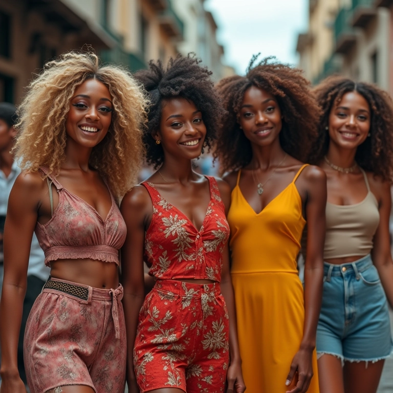 Grupo diverso de mulheres estilosas celebrando a moda brasileira.
