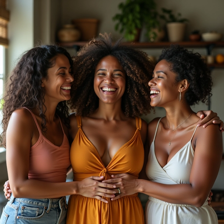 Grupo diverso de mulheres se abraçando, celebrando a inclusão e o empoderamento.