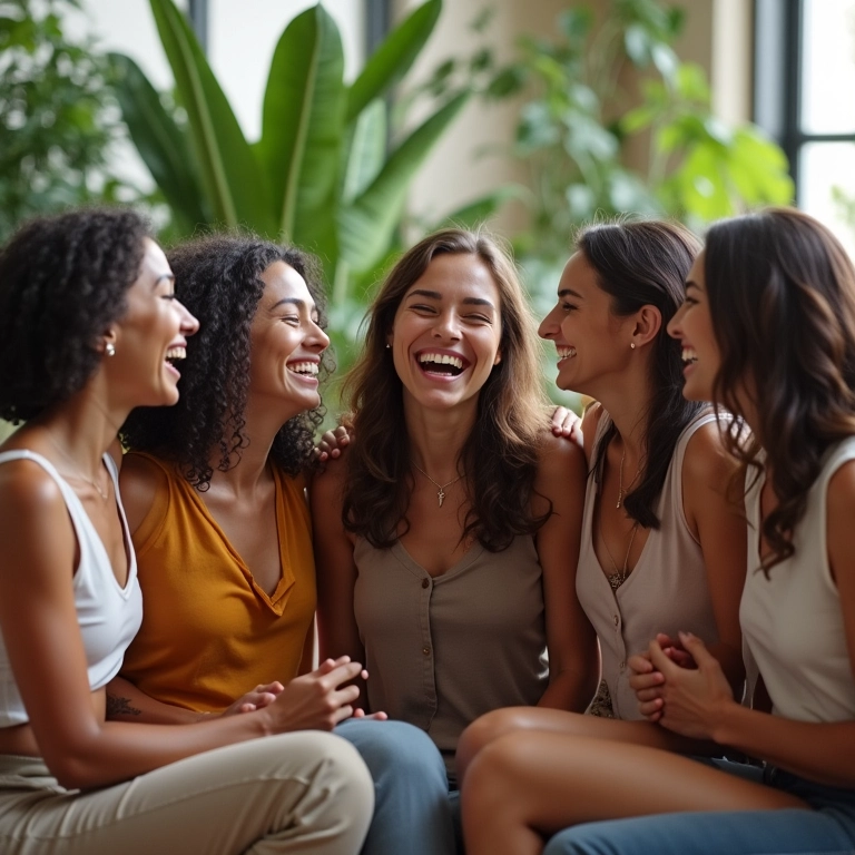 Grupo diverso de mulheres sorrindo juntas em sala iluminada, estilo brasileiro, cheia de plantas.