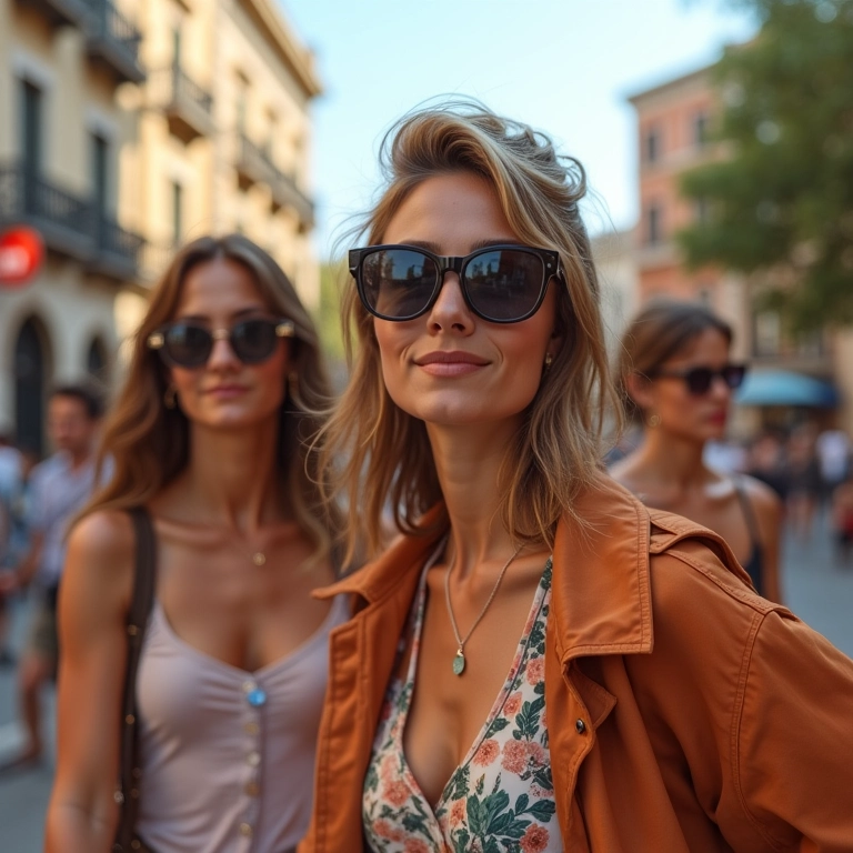 Grupo diverso de pessoas estilosas usando óculos de sol em rua ensolarada da cidade.