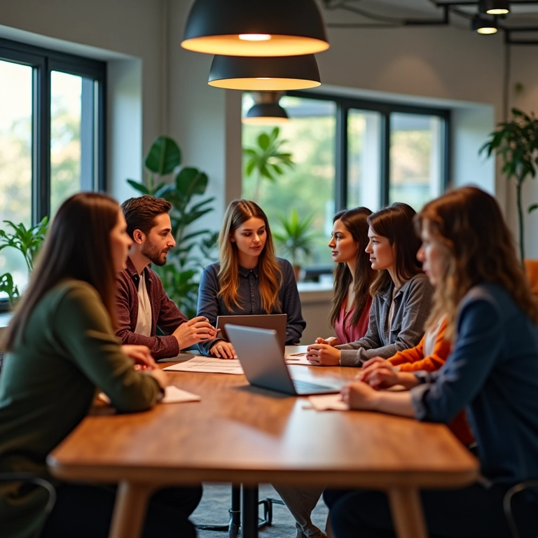 Grupo diverso discutindo abordagens legais para investigações online em um escritório moderno.