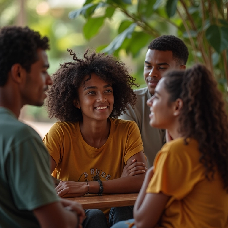 Grupo diverso discutindo características do signo de Touro.