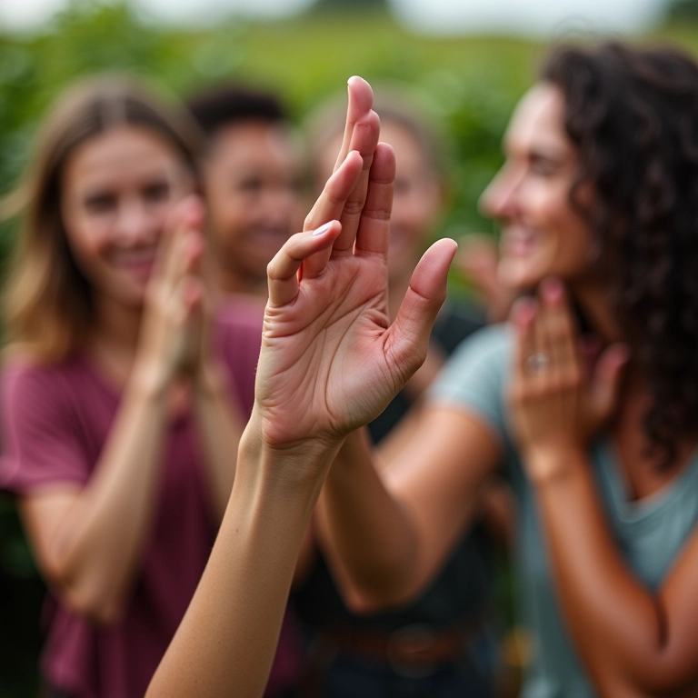 Grupo diverso expressando 'amor' em LIBRAS com presentes artesanais, celebrando o Dia do Surdo.
