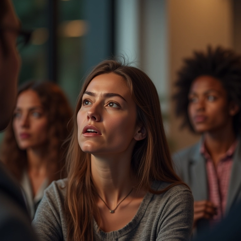 Grupo diverso expressando sentimentos durante uma reunião de apoio.
