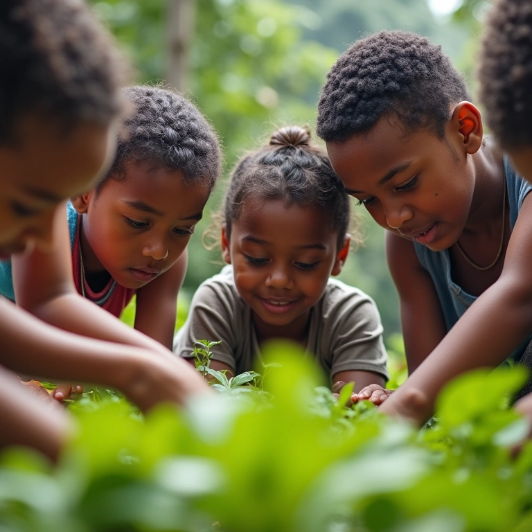 Grupo diverso trabalhando em um projeto de jardinagem comunitária no Rio de Janeiro, focando na justiça social.
