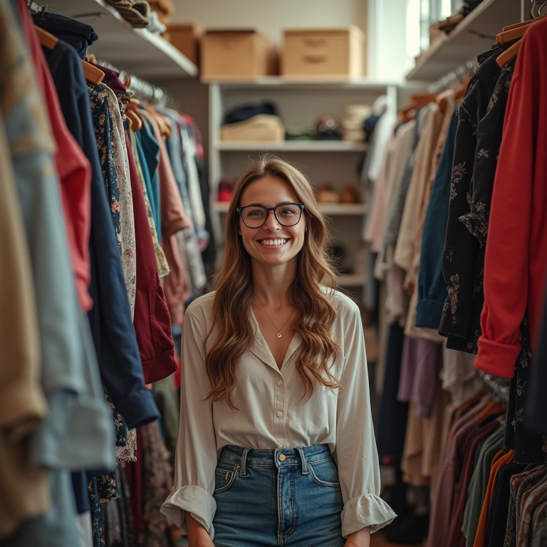 Guarda-roupa bagunçado prestes a ser organizado por uma mulher sorridente.