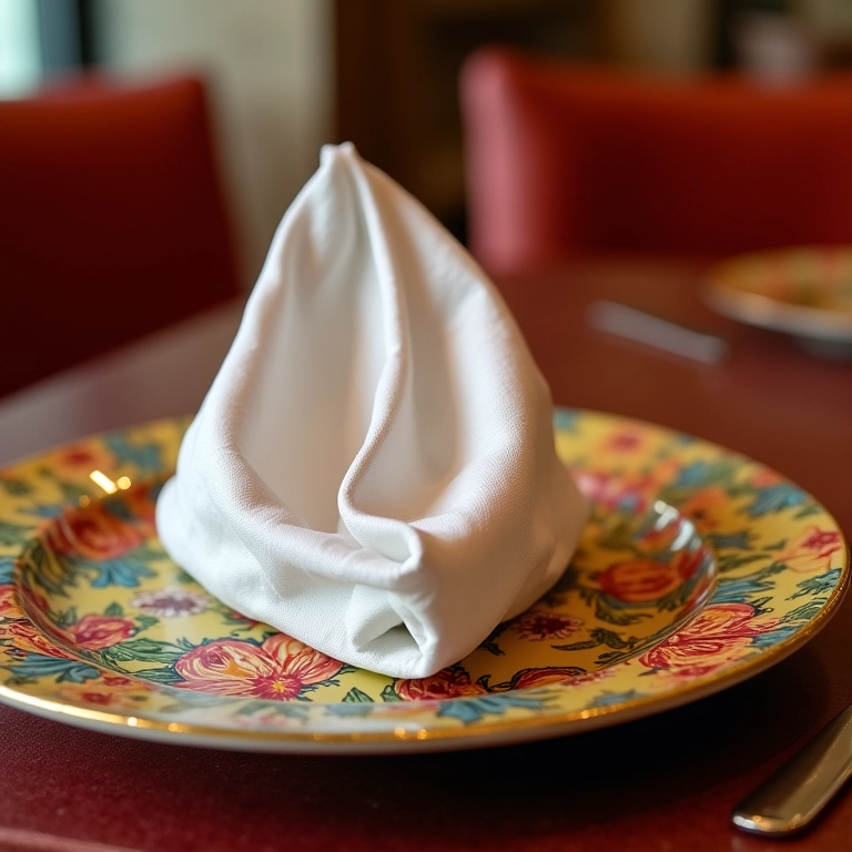 Guardanapo artisticamente dobrado sobre um prato decorativo.