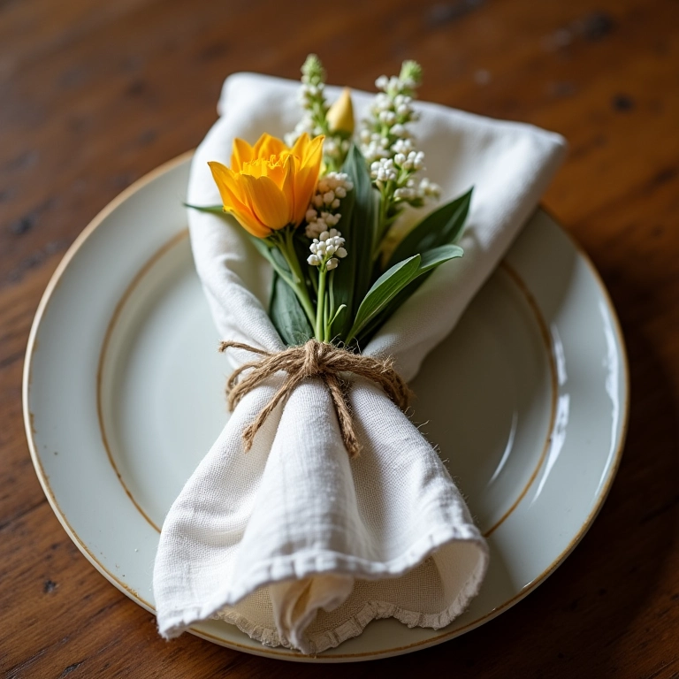 Guardanapo de linho amarrado com barbante em um prato, com flores.