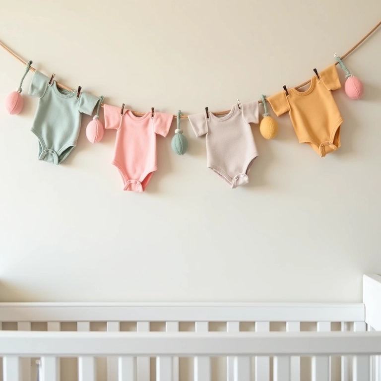 Guirlanda de feltro com roupinhas de bebê para decoração de maternidade.