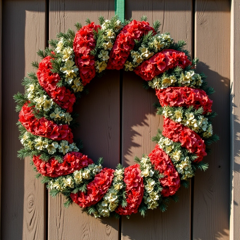 Guirlanda de Natal criativa feita com materiais reciclados e cores vibrantes.