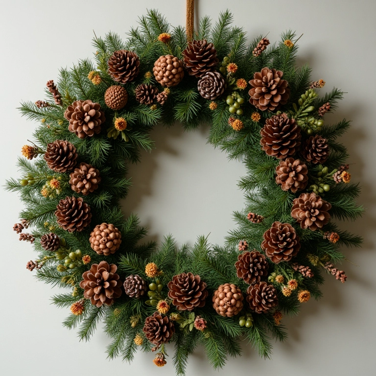 Guirlanda de Natal em tons terrosos com elementos naturais como pinhas e flores secas.