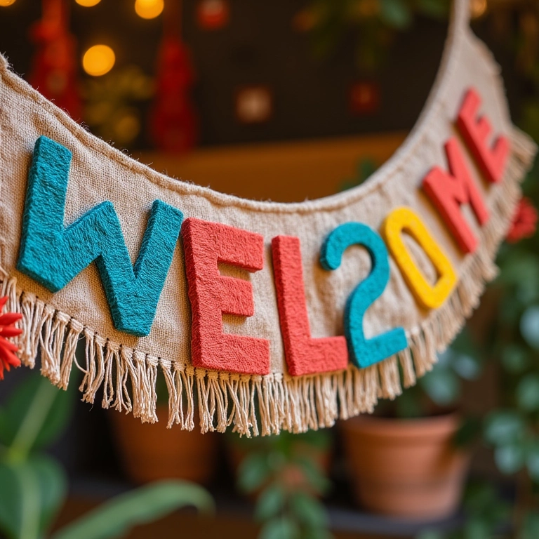 Guirlanda de tecido artesanal com mensagem de boas-vindas.