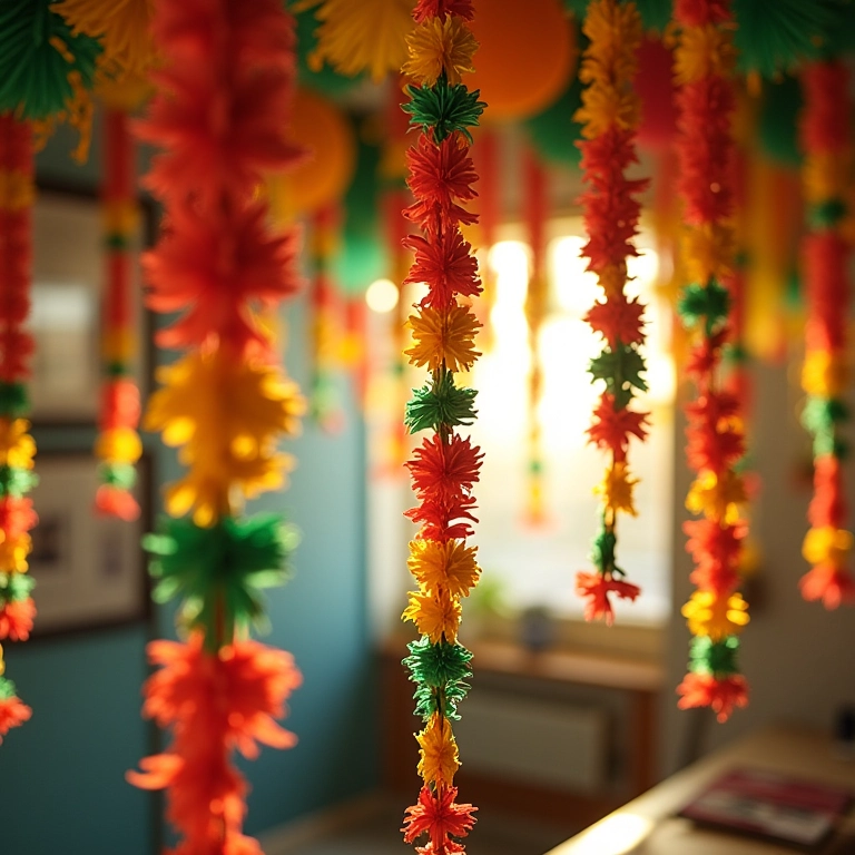 Guirlandas festivas de Carnaval penduradas em ambiente alegre.