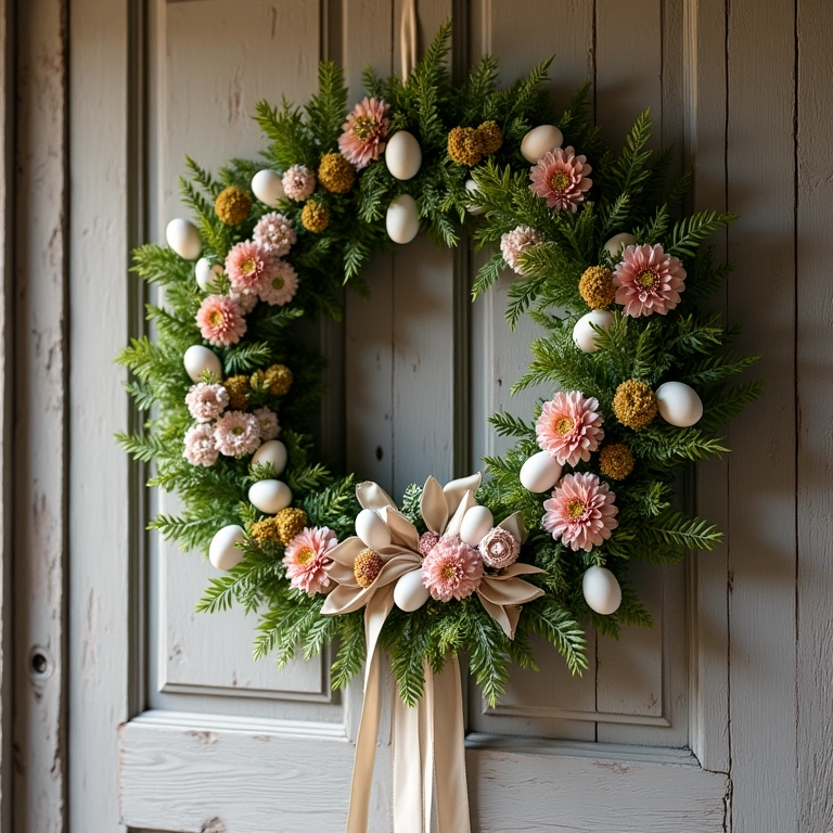 Guirlandas temáticas de Páscoa penduradas em porta de madeira rústica.