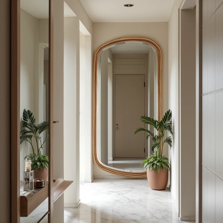 Hall de entrada estiloso com espelho de moldura única, oferecendo boas-vindas com estilo.