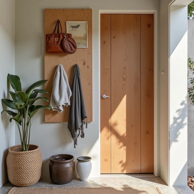 Hall de entrada prático com painel de eucatex para organizar chaves, bolsas e correspondências.