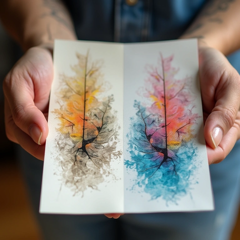 Hands holding a faded craft print next to a vibrant one, demonstrating toner's impact on Comparativo: impressão desbotada x impressão durável com bom toner.