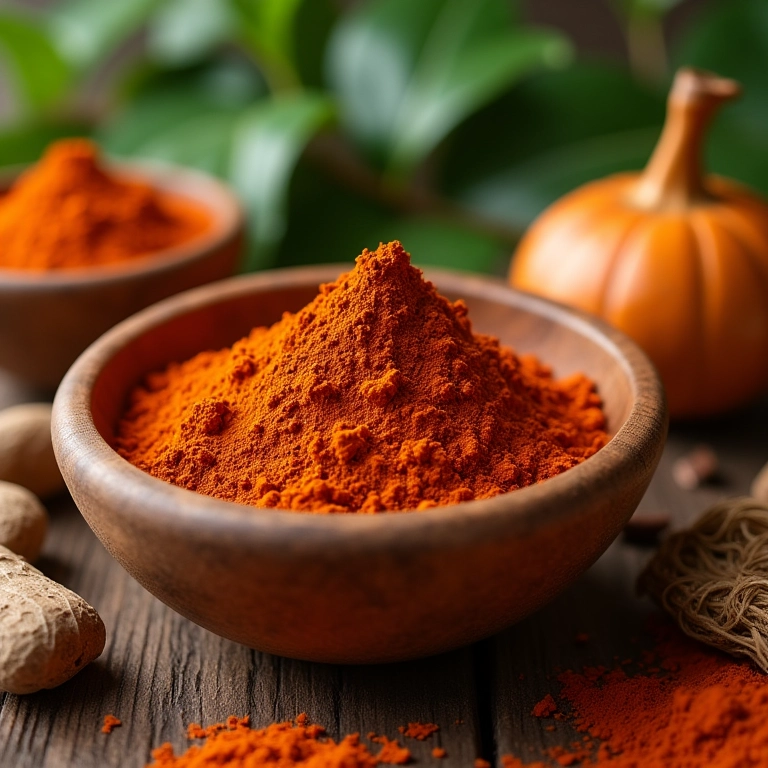 Henna em pó em uma tigela de madeira, cercada por elementos naturais.