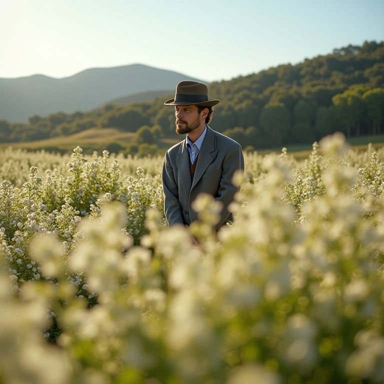 Henri Robert inspecionando flores de jasmim em Grasse.