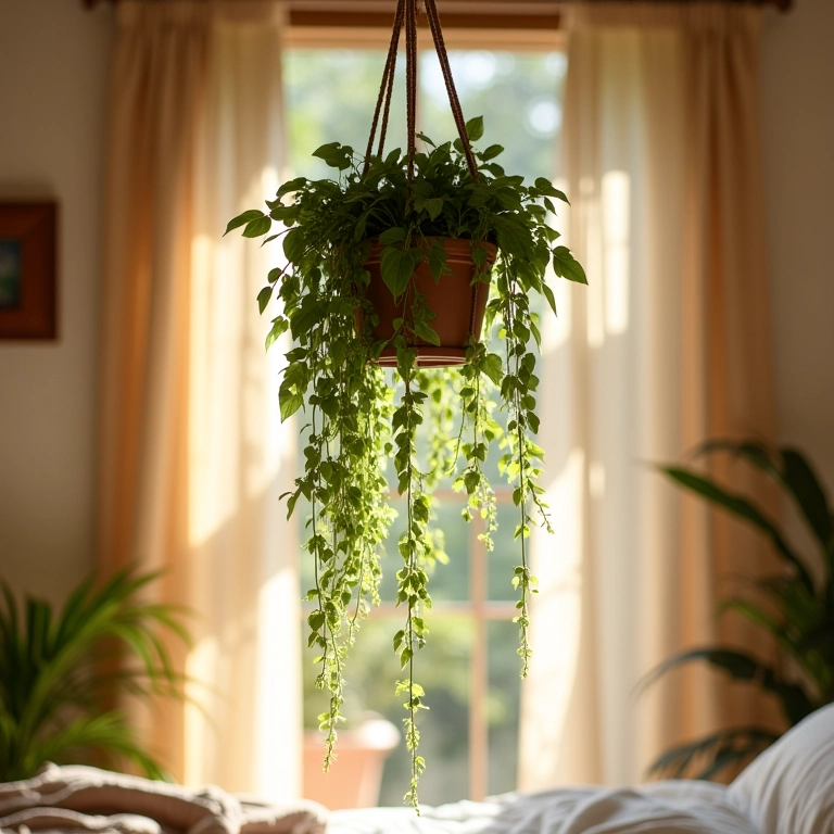 Hera pendente em um quarto ensolarado, adicionando um toque romântico e natural ao ambiente.