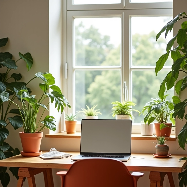 Home office feminino com decoração inspirada na Farm Rio, muita luz natural e plantas.