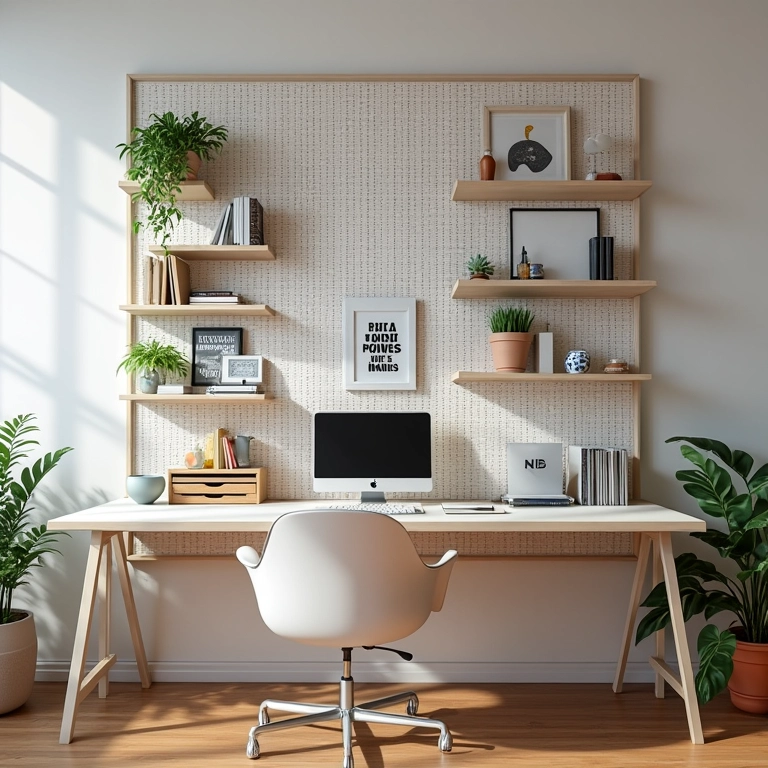 Home office funcional com painel de eucatex para organizar materiais de escritório e exibir arte inspiradora.