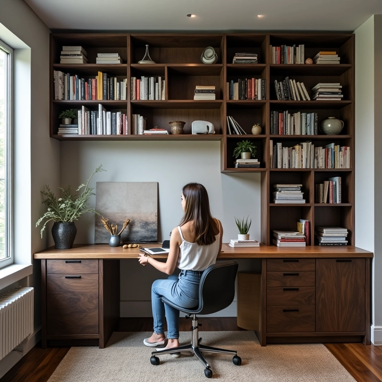 Home office integrado com estante industrial e escrivaninha.