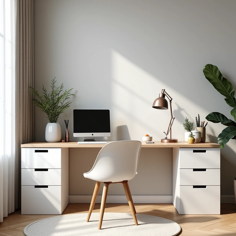 Home office minimalista com mesa funcional e soluções de armazenamento inteligentes.