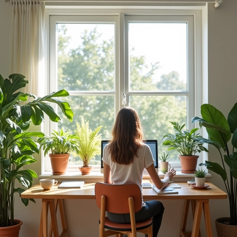 Home office pequeno e produtivo com decoração inspiradora e luz natural.