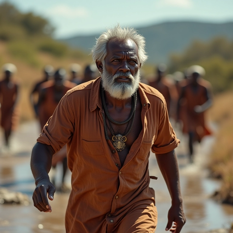 Homem afro-brasileiro liderando pessoas em leito seco de rio, representando liderança e coragem.