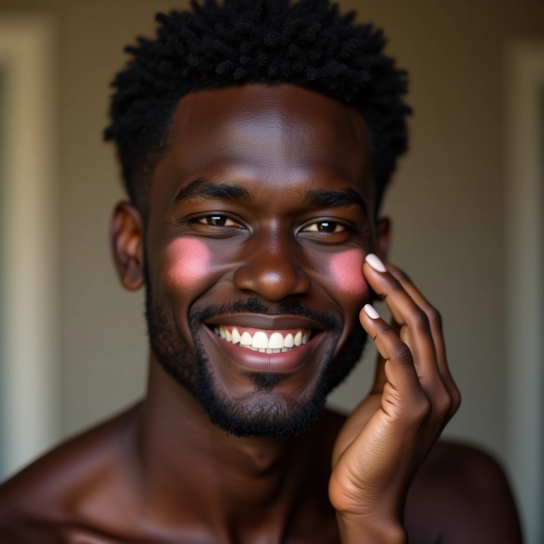 Homem aplicando blush nas maçãs do rosto para um toque de saúde.