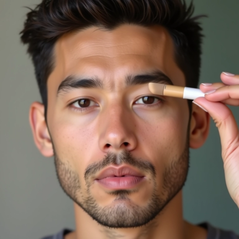 Homem aplicando corretivo sob os olhos para camuflar imperfeições.